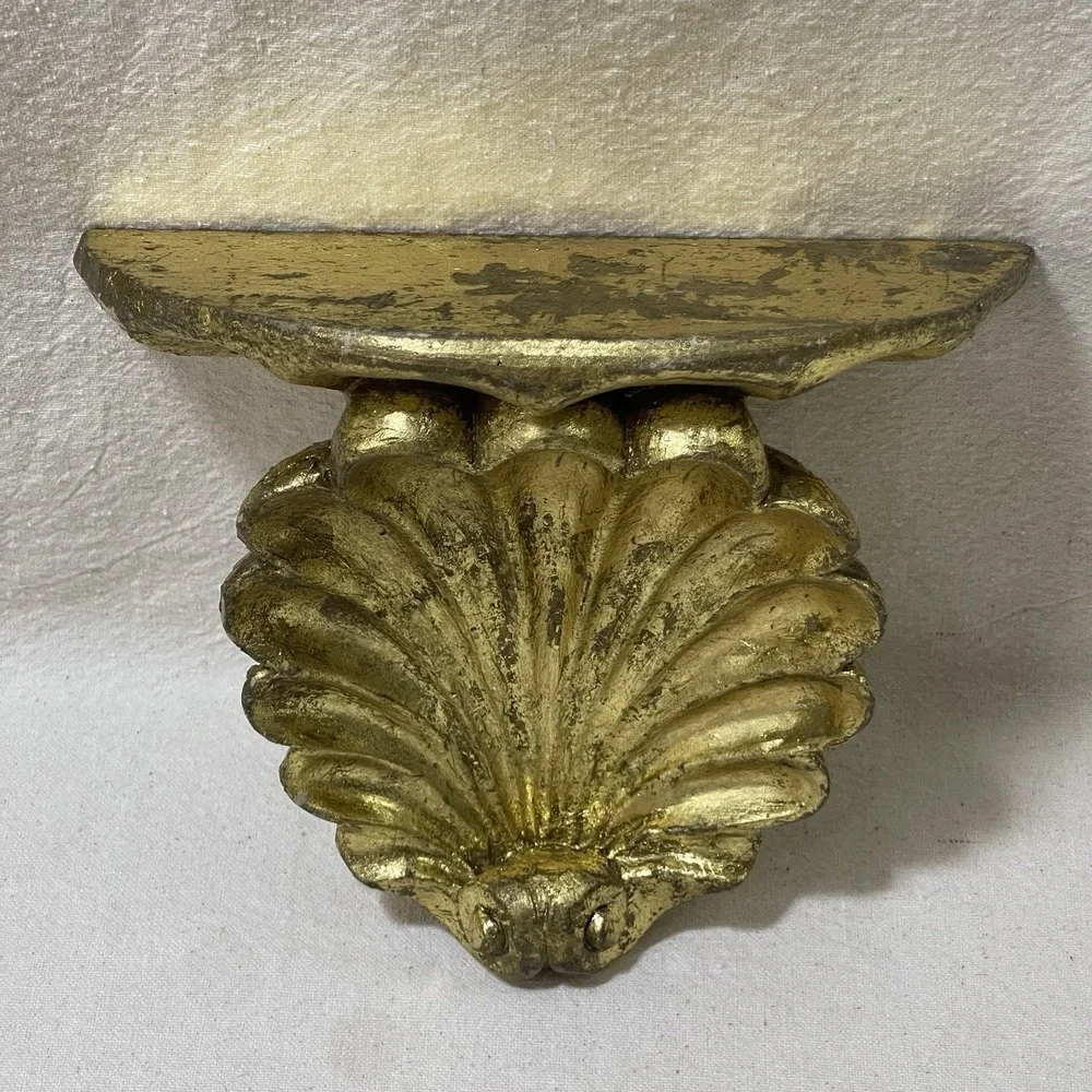 Vintage Distressed Gilded Gold Ornate Distressed Shell‎ Wall Shelf Sconce Decor